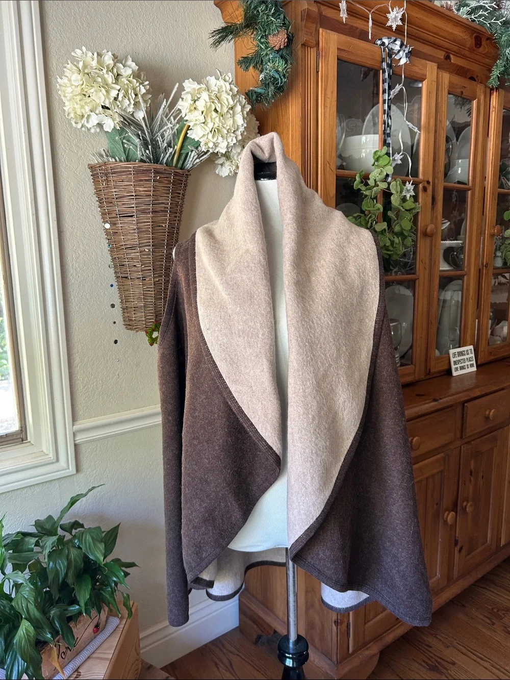 Reversible Brown and Cream Shawl-Collar Wrap